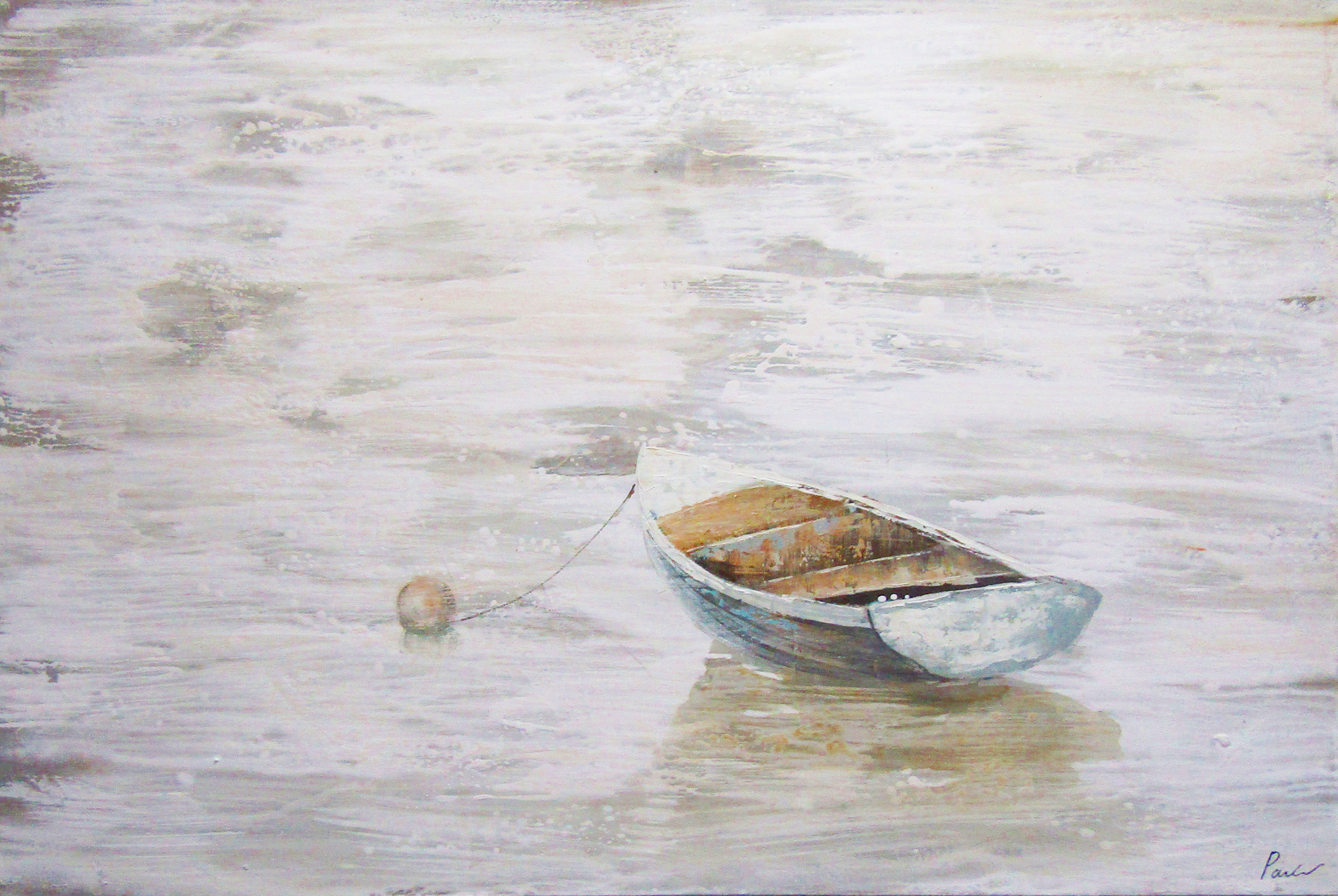PXFC361 Wall décor art oil on canvas seascape boat on beach blue white tones